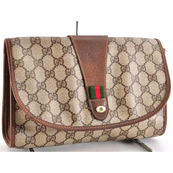 Authentic Gucci GG Supreme Ophidia Sherry Line Clutch Bag Wallet Web Canvas Tan - Picture 1 of 10